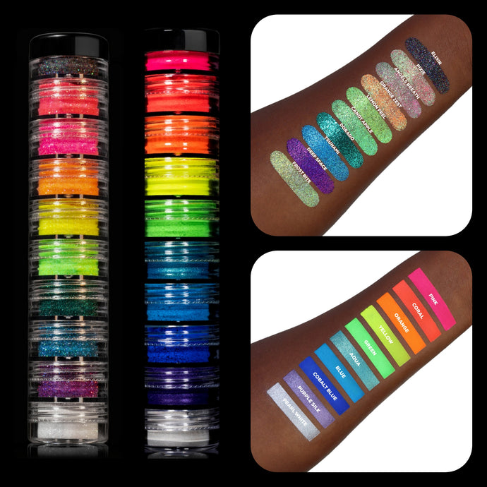 20 MYO Ultra Bright & Rainbow Glitter Stackable Jar Duo Set Mica Cosmetic Mineral Makeup.